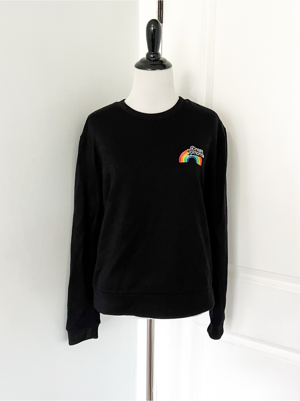 Maje Black Crewneck Sweater with Rainbow Embroidery - Size 1